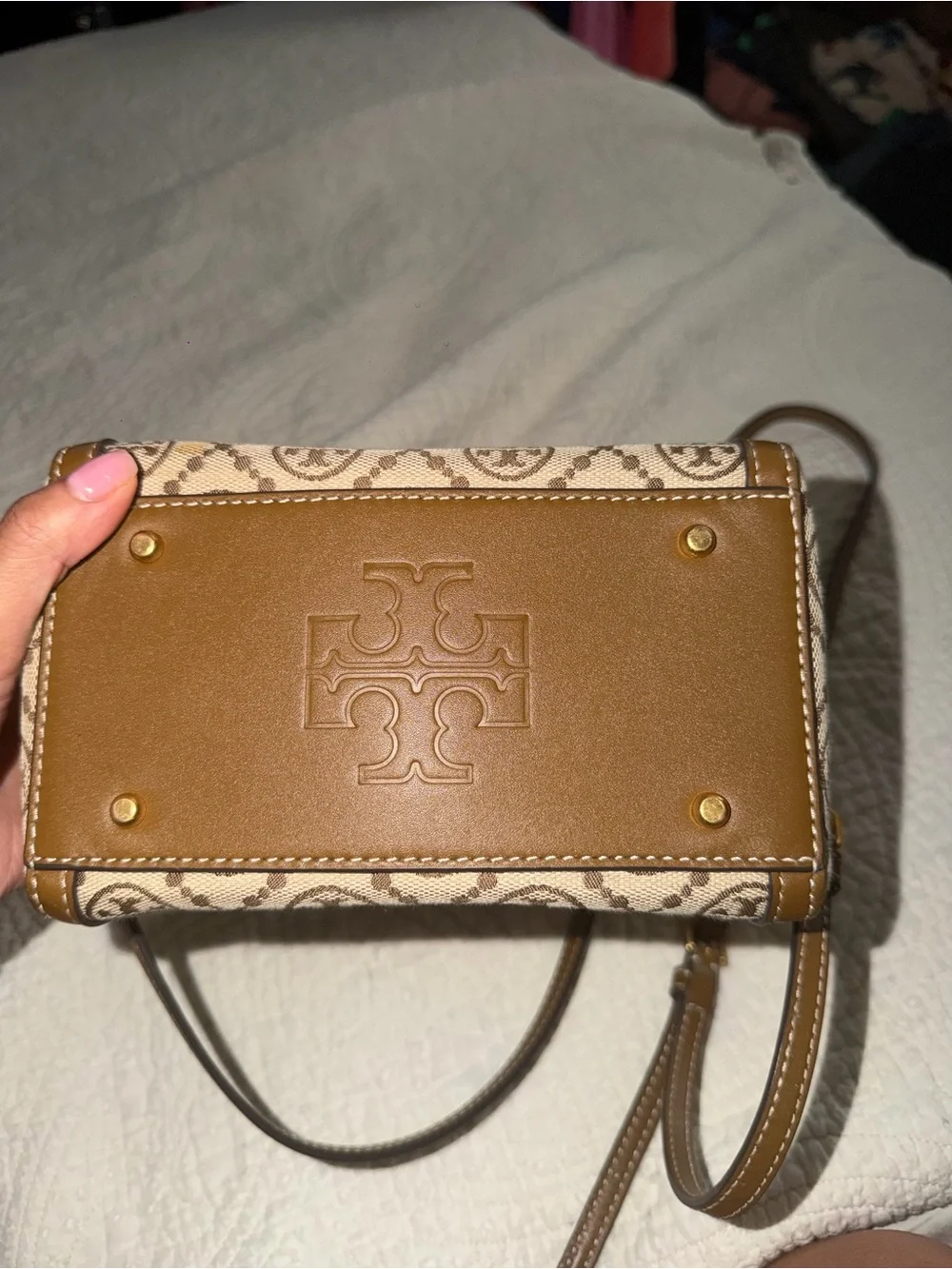 Tory Burch Beige and Brown Logo Canvas Mini Satchel